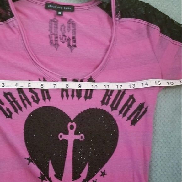 Crash and Burn Pink Top with black rhinestones Size S - Picture 5 of 12